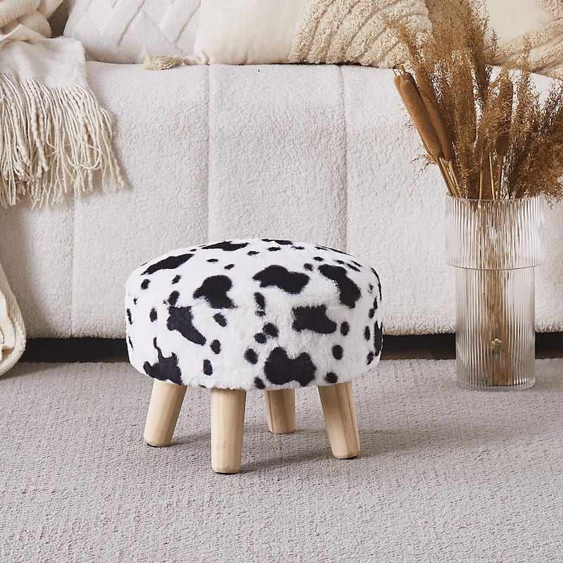 Plush Faux Fleece Round Ottoman Footstool with Wooden Legs and Cozy Seat for Living Room