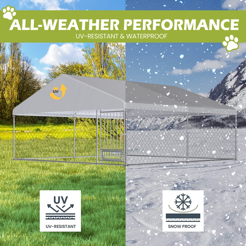 EROMMY 13'x13' Heavy Duty Dog Kennel - Waterproof Cover, Rotating Feeder & Lockable Galvanized Steel Cage