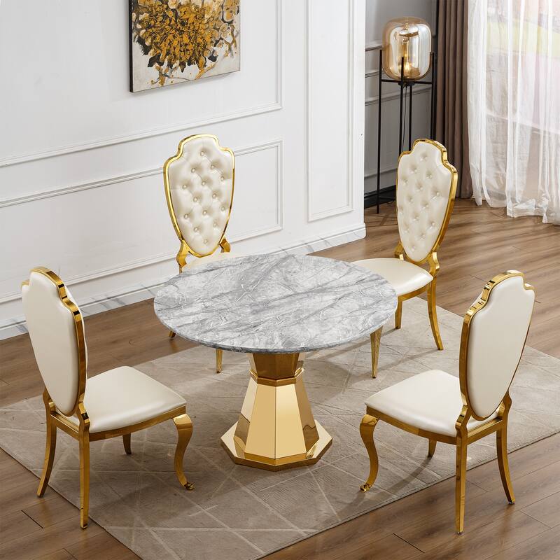 47" Round Dining Table with Faux Marble Tabletop and Stainless Steel Base - Grey+Gold