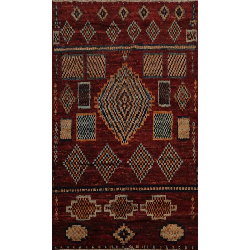 Hand Knotted Oriental 100% Wool Carpet Modern Tribal Red Moroccan Area Rug - 9' 7'' X 6' 7''