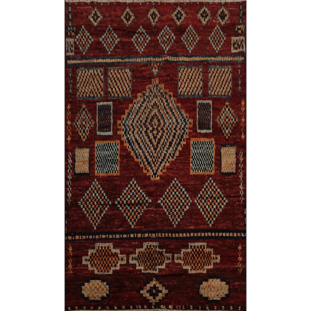 Hand Knotted Oriental 100% Wool Carpet Modern Tribal Red Moroccan Area Rug - 9' 7'' X 6' 7''