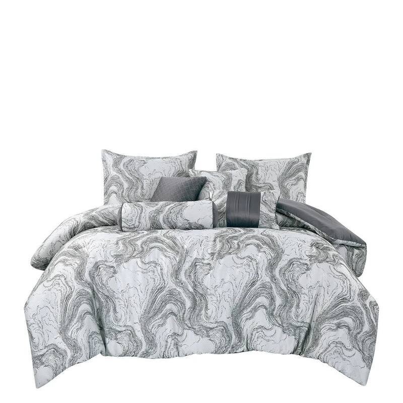 7 Piece White Grey Abstract Modern Bedding Comforter Set