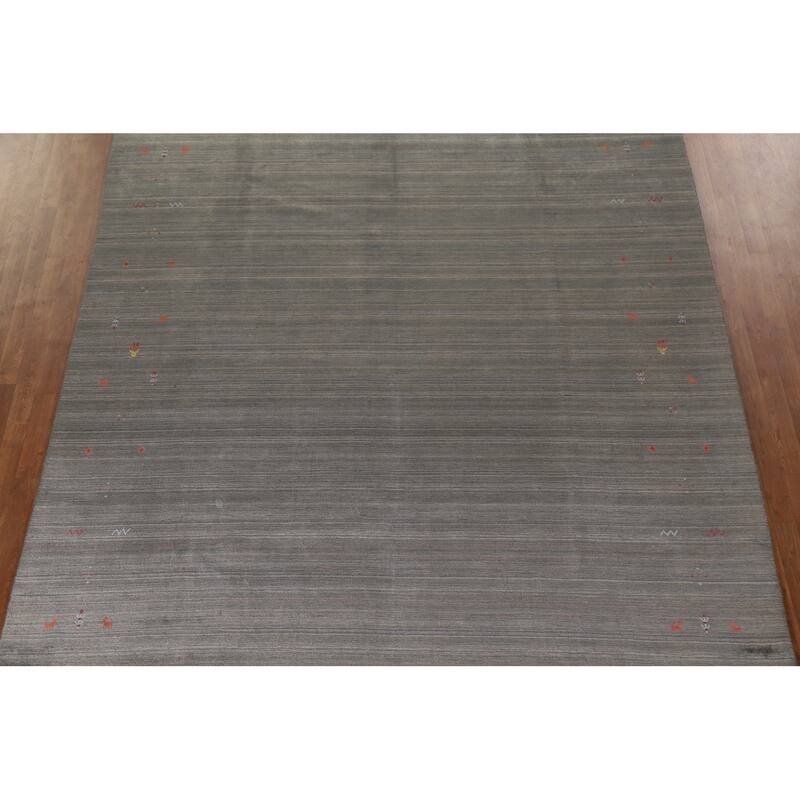 Striped Green Gabbeh Area Rug Hand-Knotted Wool Carpet - 8'10"x 11'8"