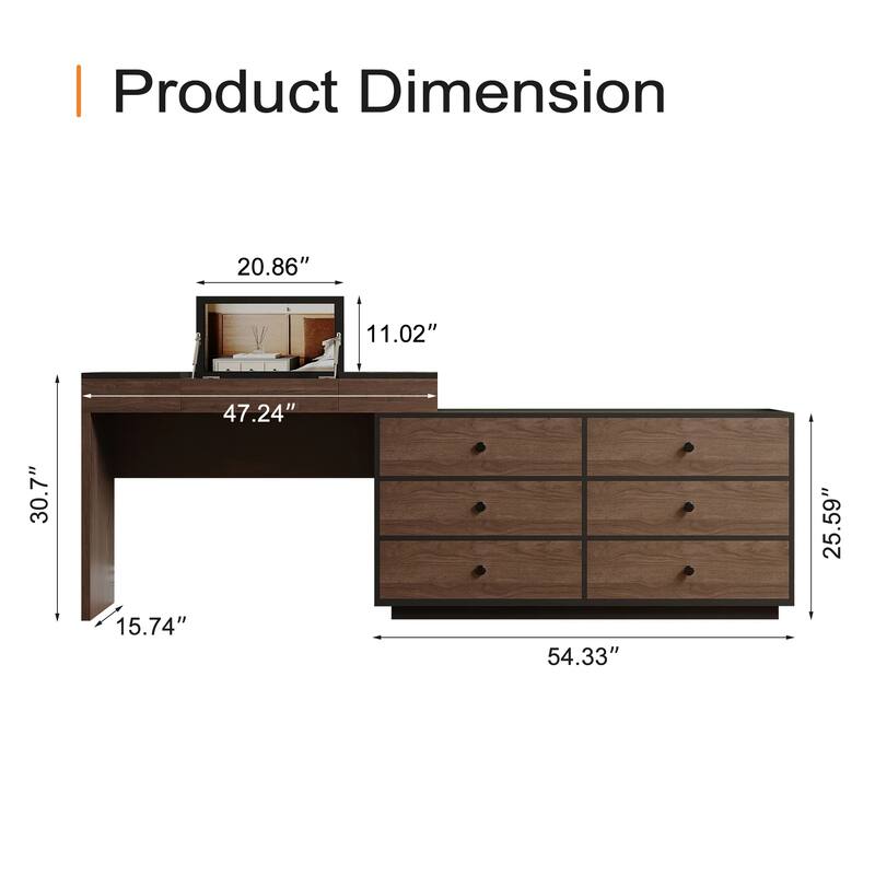 Modern & Contemporary Storage Expandable Dresser Desk Combo For Home Office With 6 Drawers