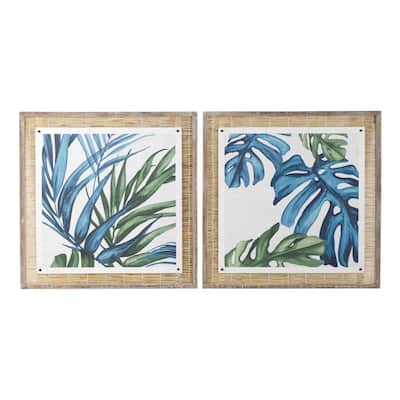 Dried Plant Leaf Living Room Framed Wall Art with Brown Frame - Set of 2 Blue - Roche River Decor