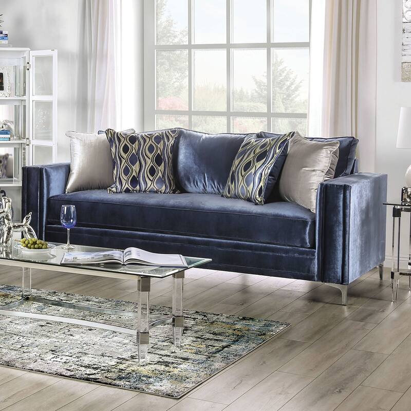 Microfiber Upholstered Sofa in Satin Blue