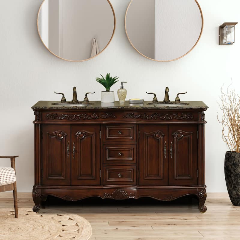 Stufurhome Cassandra 60 Inches Dark Cherry Double Sink Bathroom Vanity