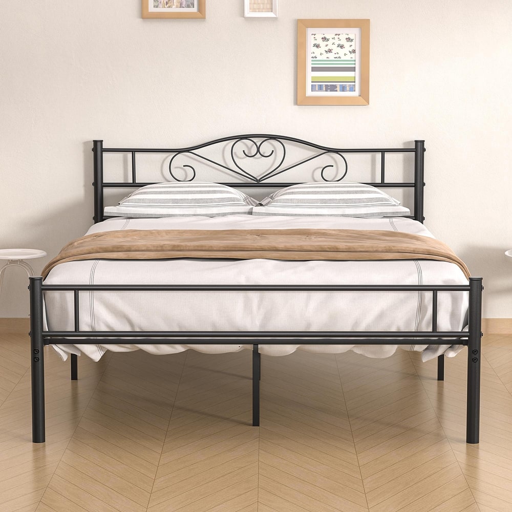 VECELO Victoria Metal Platform Bed Frames with Heart Pattern Headboard 12.6" Underbed Space No Box Spring Required