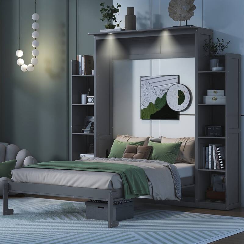 Merax Murphy Bed Wall Bed with Shelves and LED Lights