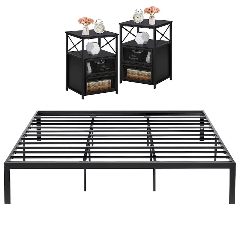 3 Piece Bedroom Set, 14.2-Inch Metal Bed Frame with Nightstand set of 2 - Black - King