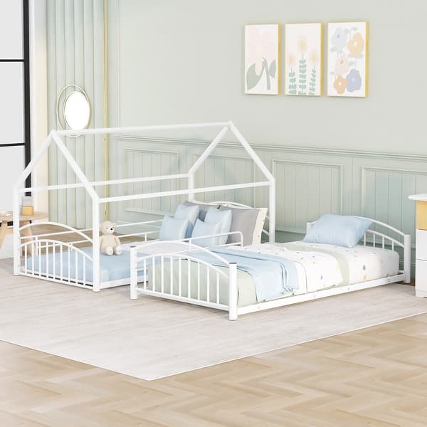 slide 2 of 16, Versatile Twin Over Twin House Bunk Bed with Slide,Built-In Mattress Support White