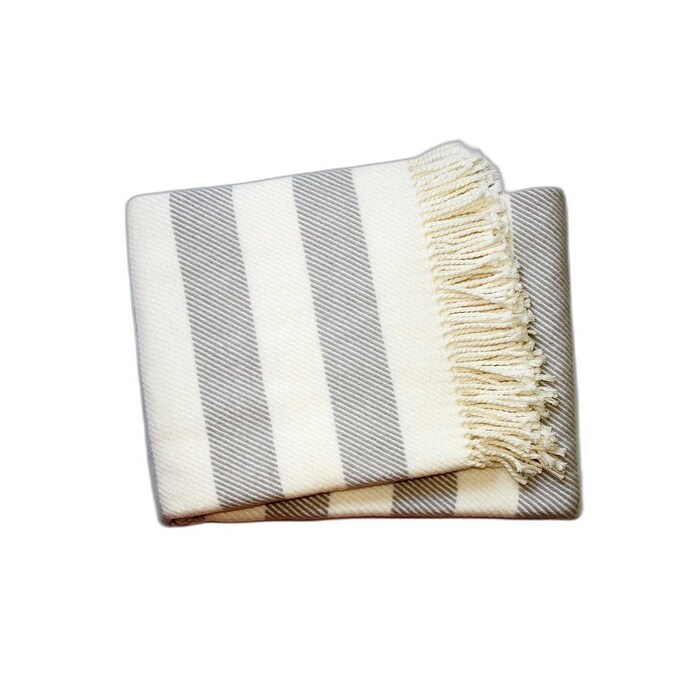 Cream and Gray Slanted Stripe Fringed Throw Blanket 0.5 x 70 x 55