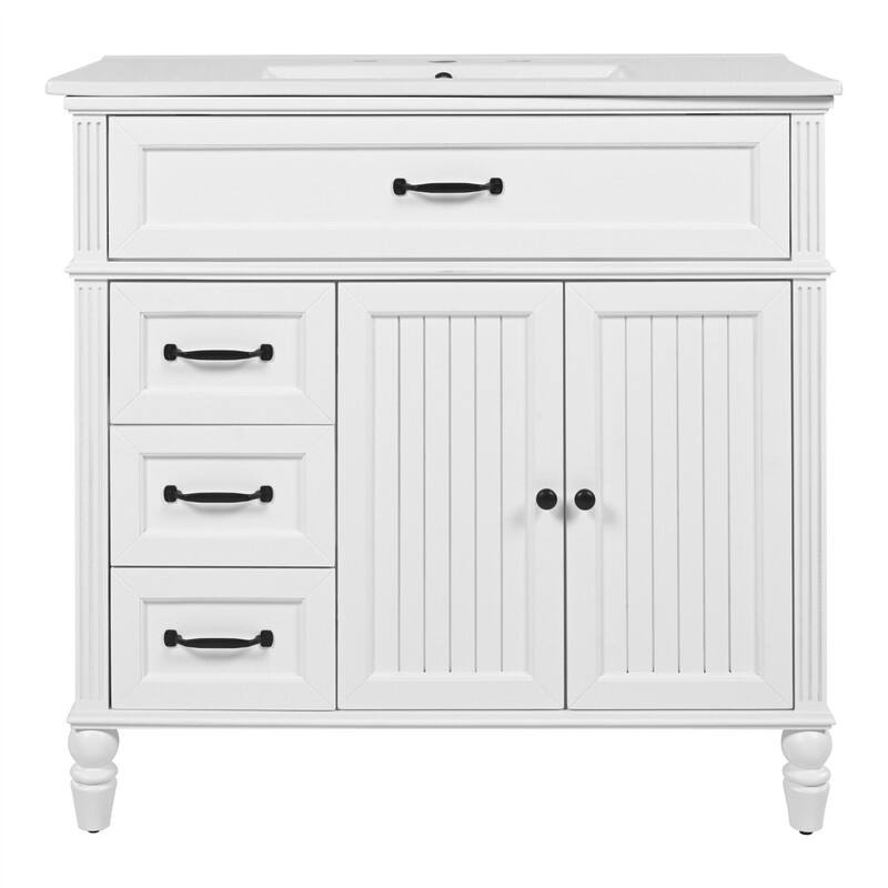 36" Bathroom Vanity with Ceramic Sink Top, Freestanding Bathroom Vanity Cabinet with 2 Doors and 2 Storage Drawers