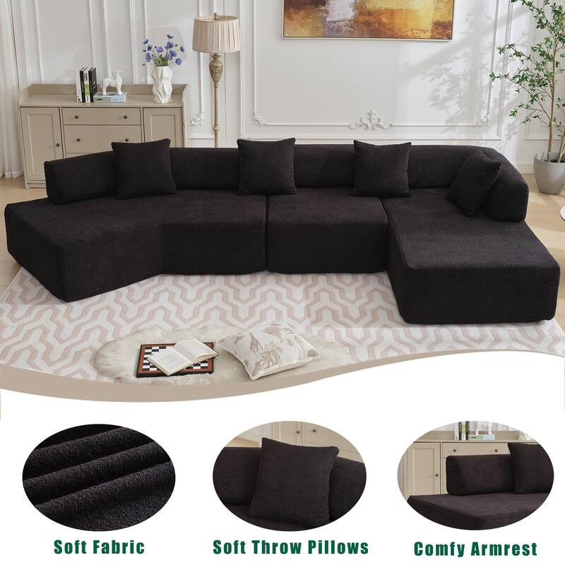 Modern Minimalist 140" L-Shape Boucle Modular Sofa, 4 Seats, Black
