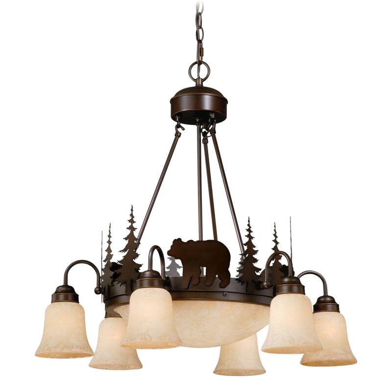 Chandelier Bronze 9 Light Amber Glass - Lodge Cabin Chic Lighting 28.5" Wide - 27