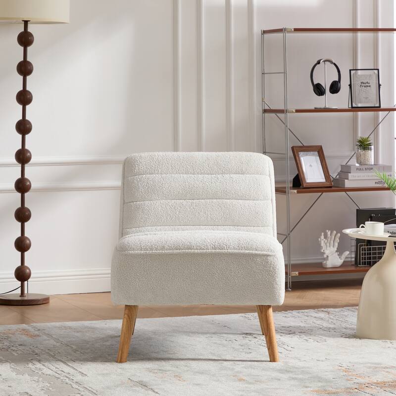 Modern Armless Accent Chair, Chenille Upholstered Lounge Chair, Vanity Chair with Rubber Wood Legs for Living Room, Bedroom - Ivory