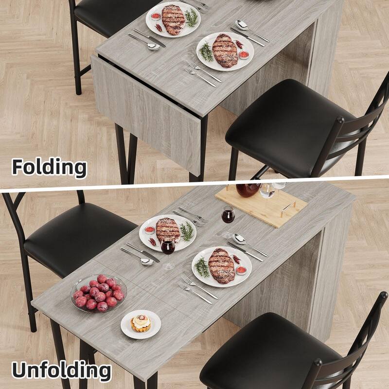 3 Piece Bar Table Set with 2 Upholstered Chairs for Apartment - Grey
