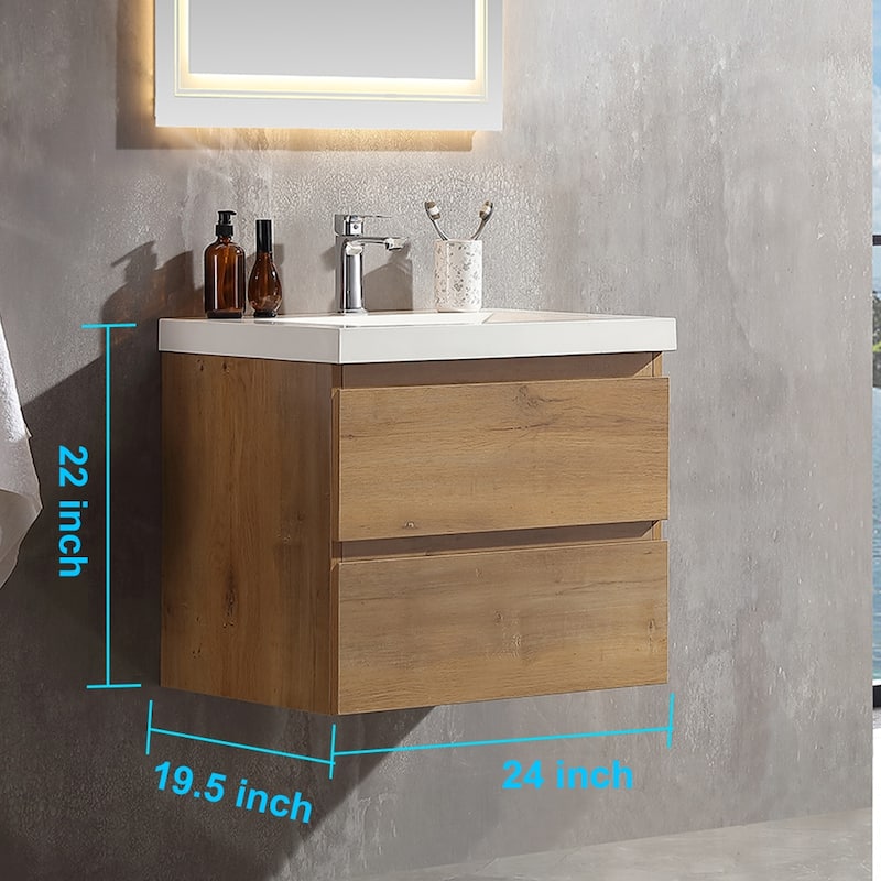 Floating Bathroom Vanity 24"-48" – Smoked Oak Finish, White Integrated Sink