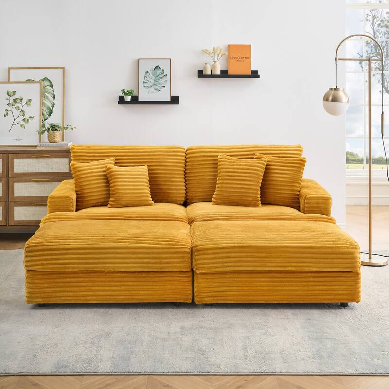 Orange Corduroy Sleeper Sectional Sofa Bed, Loveseat Couch & Storage Ottomans Set with Pillows and Removable Cushions