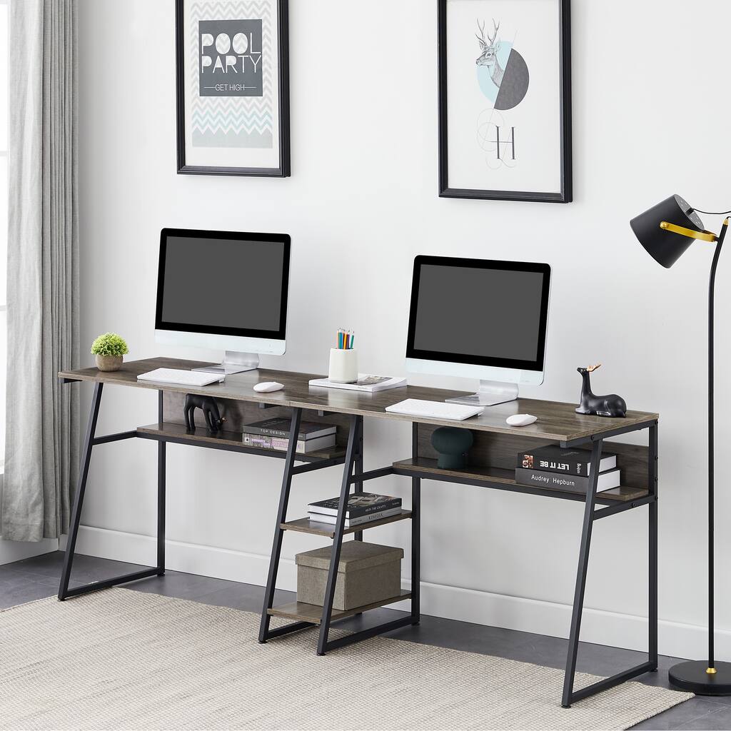 Double Desk Design , with 2 Layer Storage Shelves in The Middle , Solid Steel Desk Frame