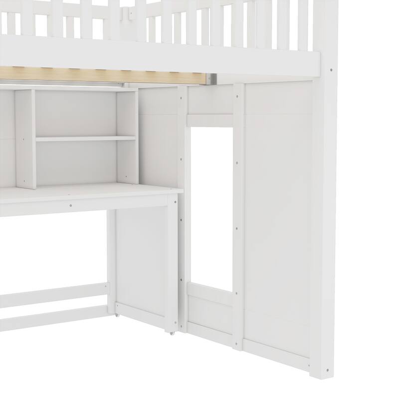 Full Size loft bed with movable desk and storage shelf, featuring storage stairs
