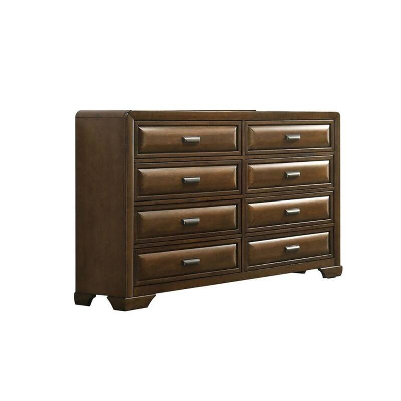 Cair Wide Dresser with 8 Beveled Drawers, Bronze Handles, Brown Wood