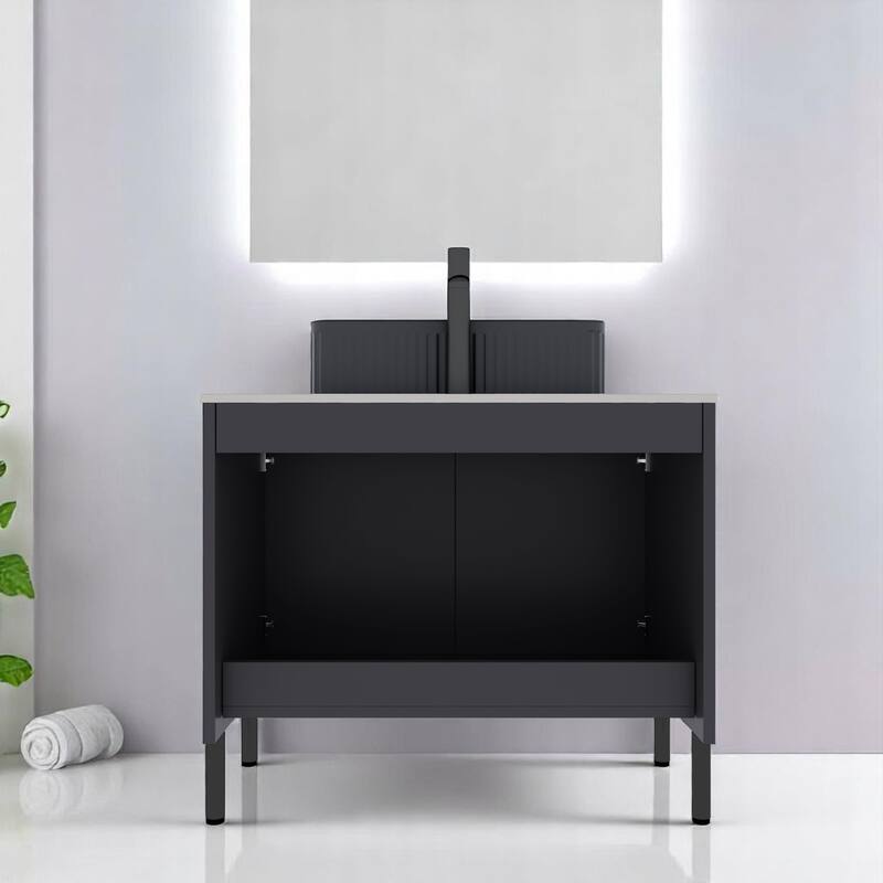 30 Inch Freestanding Bathroom Vanity with Ceramic Basin, Sintered Stone Top & Storage Cabinet