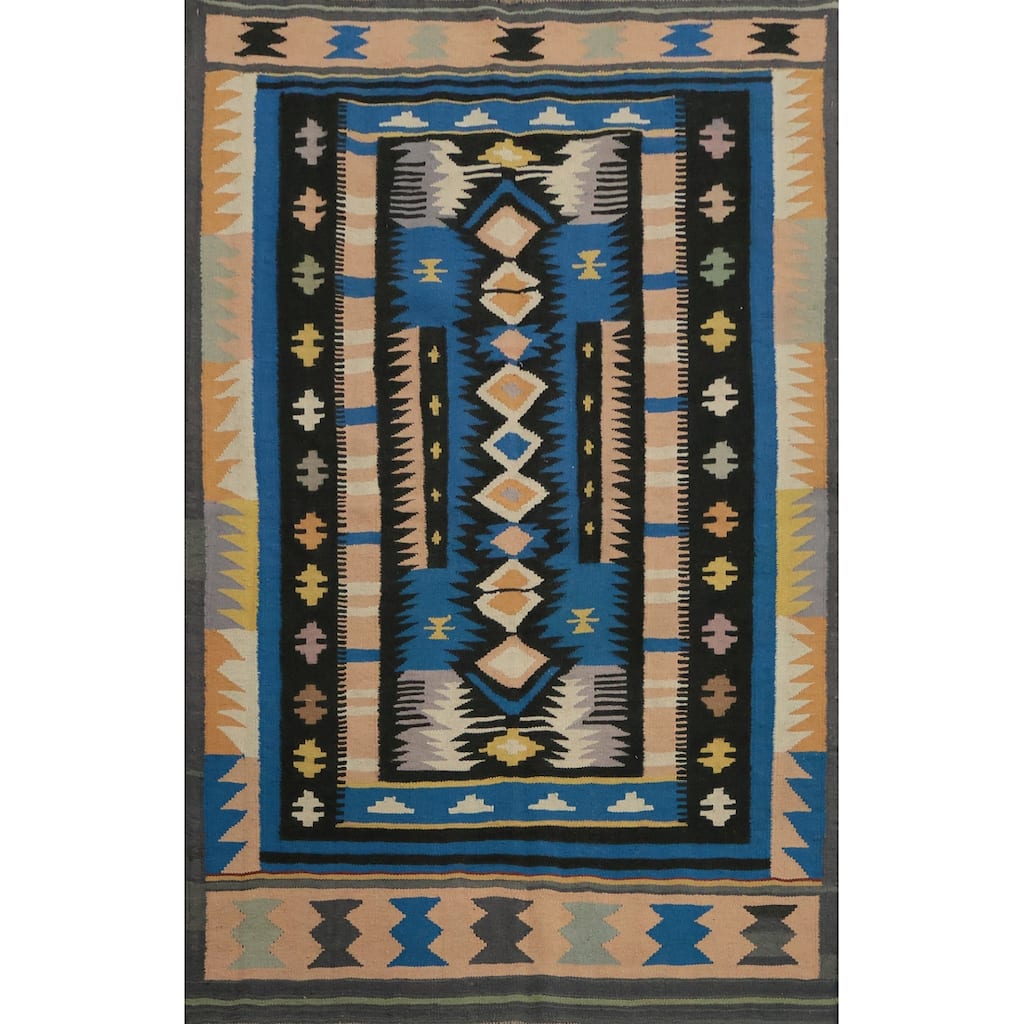 Hand Woven Oriental 100% Wool Carpet Southwestern Tribal Navy Blue & Blues Kilim Area Rug - 6' 11'' X 4' 5''