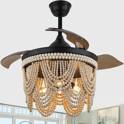 Cusp Barn 42" Retractable Ceiling Fan with Light, Farmhouse Wooden Bead Chandelier, Quiet DC Motor 6 Speeds Bohemian Ceiling Fan