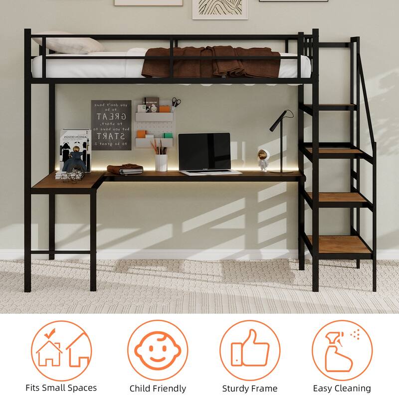 Loft bed with L-shaped desk sturdy bed frame with stairs
