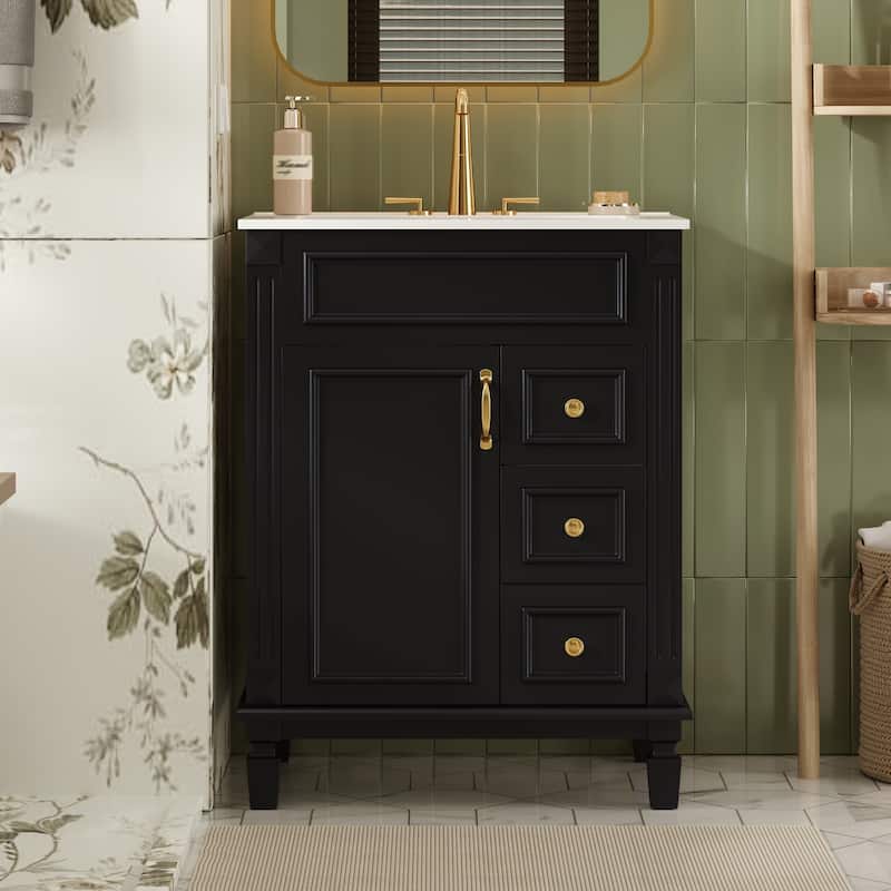 24" Bathroom Vanity with Ceramic Sink Bathroom Storage Cabinet with 2 Drawers and Adjustable Shelf - Black