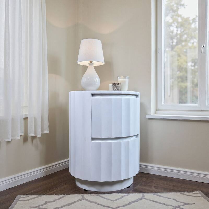 Harrison Vertical Groove Round Scallop Accent Table with 2 Drawers - Solid Wood Rustic Storage Table
