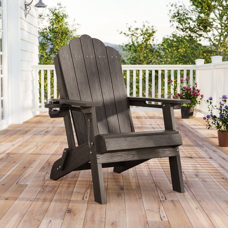 Foldable HDPE Adirondack Chair All-Weather W/ Cup Holder - Brown - 1-Piece