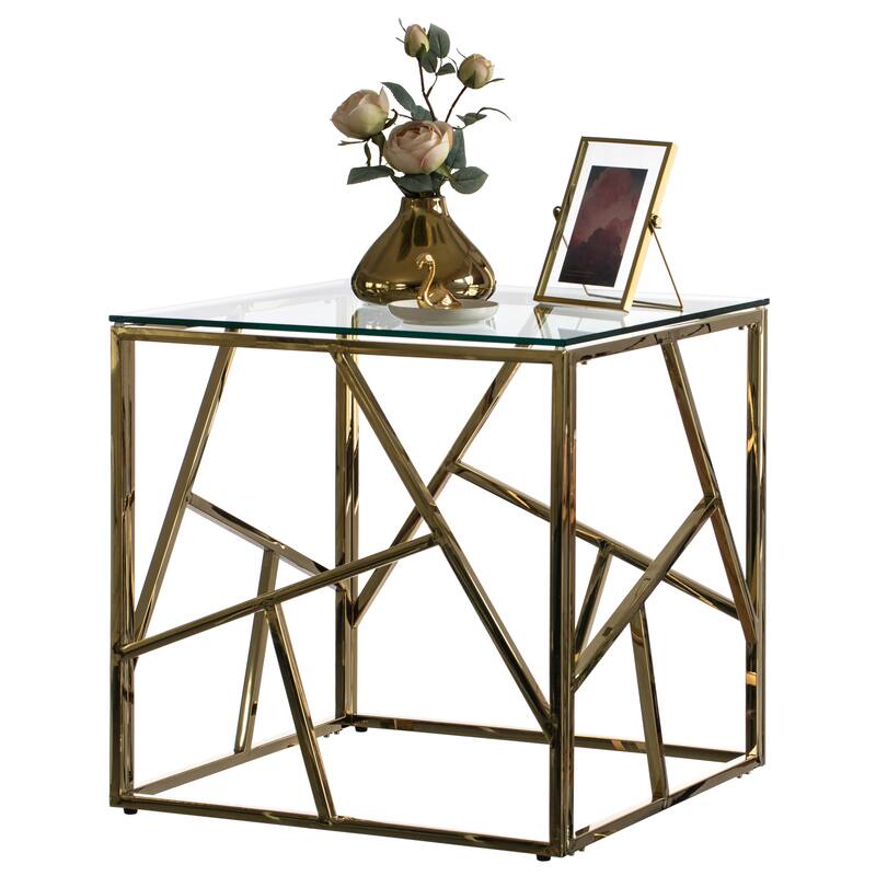 Modern Square End Side Table, Tempered Glass Top Metal Coffee Table