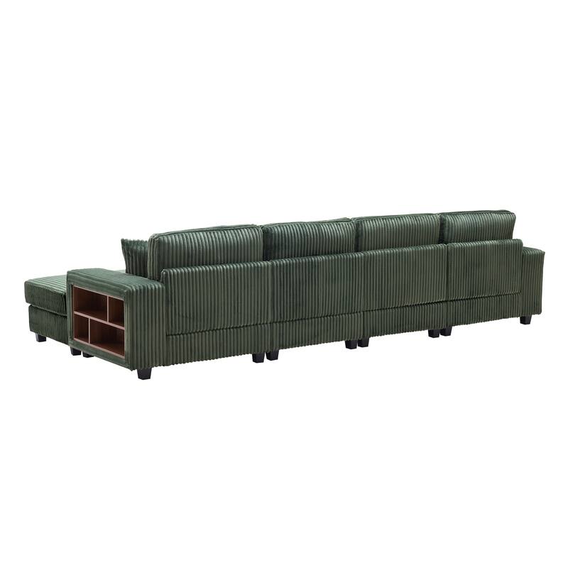 Modular Sectional Sofa with Dual Chaise Lounges, Corduroy Cloud Sofa with Armrest Storage Rack, Convertible 4-Seat Sleeper Sofa