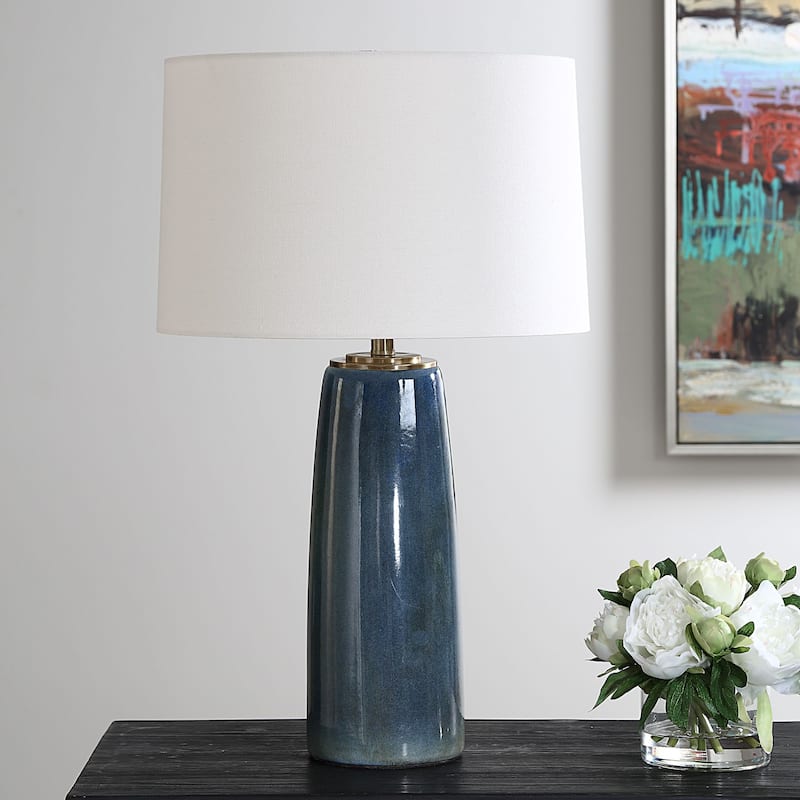 Table Lamp with Round Tapered Shade - 26.25" - Glazed Blue and White