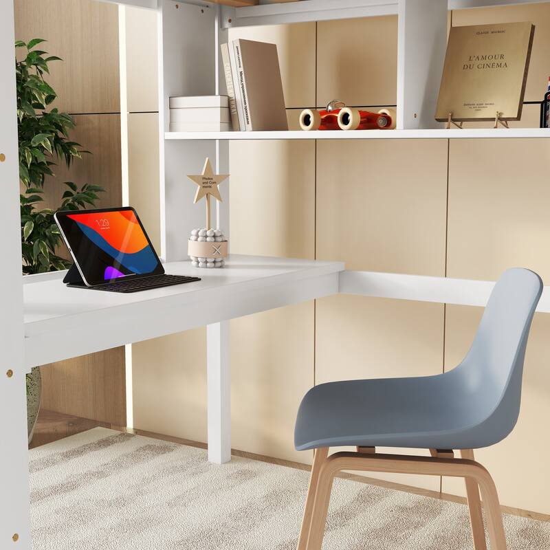 Wooden Twin Loft Bed with Study Desk and Storage Shelves, Safety Guardrail and Ladder