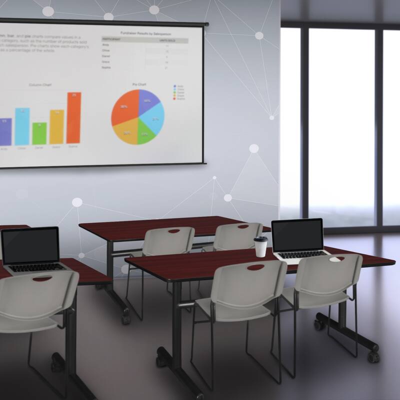 48" x 30" Flip Top Mobile Training Table- Mahogany and 2 Stack Chairs- Grey