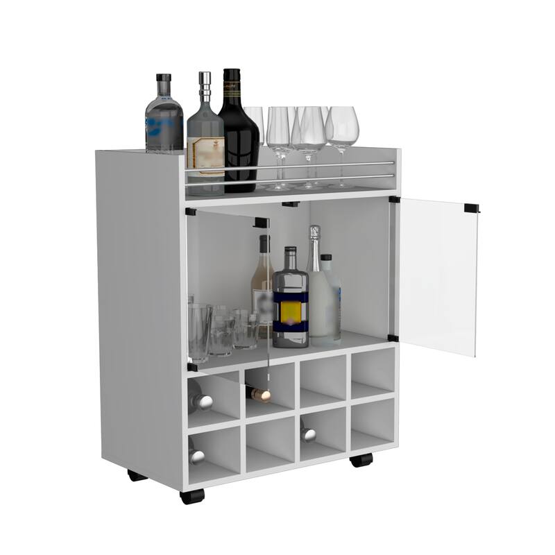 Bar Cart with Built-In 8-Bottle Rack,Double Glass Door Cabinet,and Aluminum-Edged Top Surface