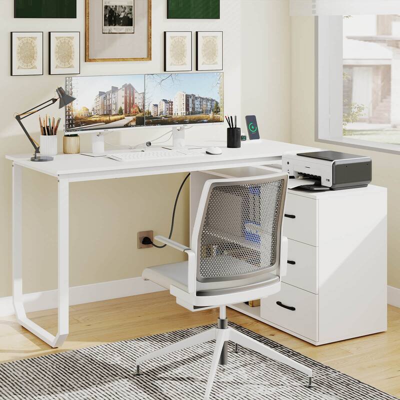 Costway L-Shaped Desk with Power Outlet 55" Reversible Computer Desk