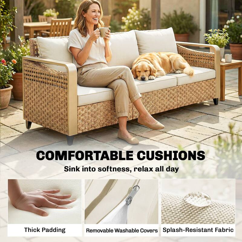 Outsunny Outdoor Patio Couch with Wide and Deep Seat, 3 Seater Wicker Outdoor Sofa with Wide Metal Armrests
