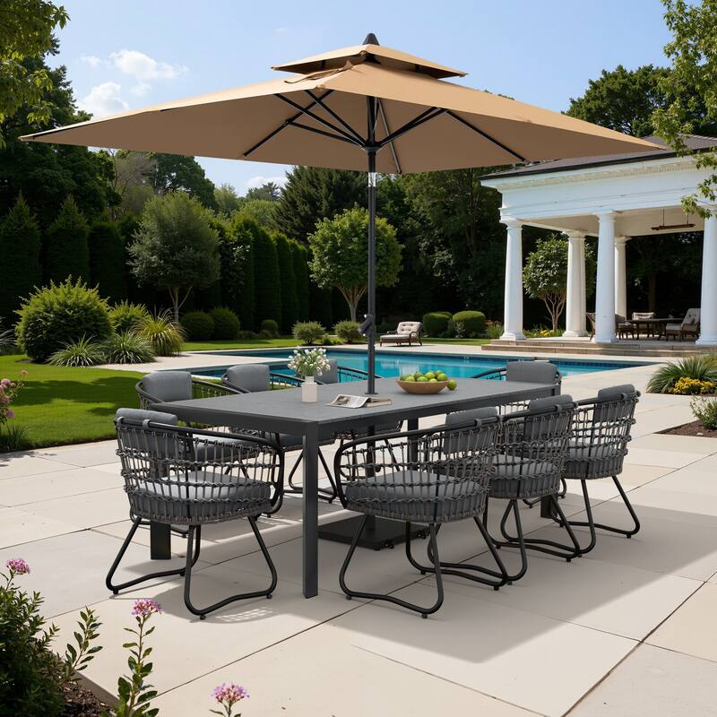 9/11-Piece Outdoor Dining Set Aluminum Table and Rattan Chairs w/10 ft Market Umbrella and Base