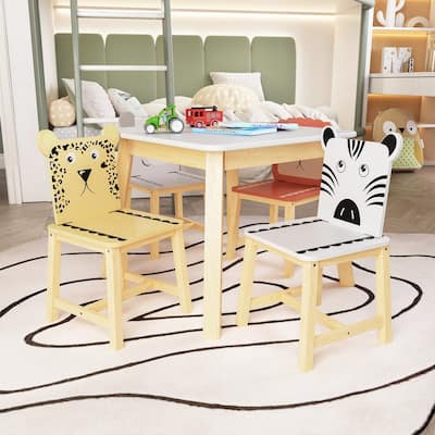 5 Piece Cute Kids Table and Chair Set, Kids Wood Table with 4 Cartoon Animals Chairs Set（3-8 Years Old）