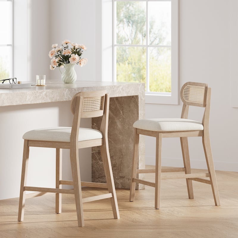 Christopher Knight Home - Kavo Modern Counter Height Bar Stools with Padded Seat & Adjustable Foot Glides - Beige,Natural+Rattan back