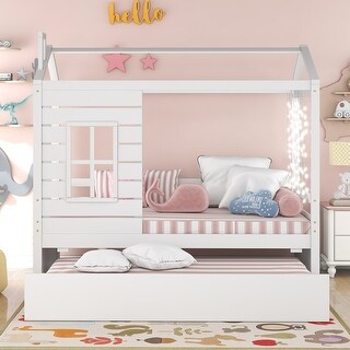Solid Wood House Shaped Bed Frame with Window,Roof and Trundle,White