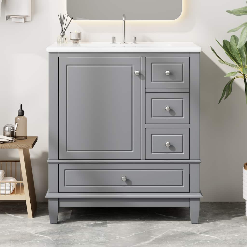 30" Bathroom Vanity with Sink, One Door with Shelf and Three Drawers, Soft Close Door, Grey