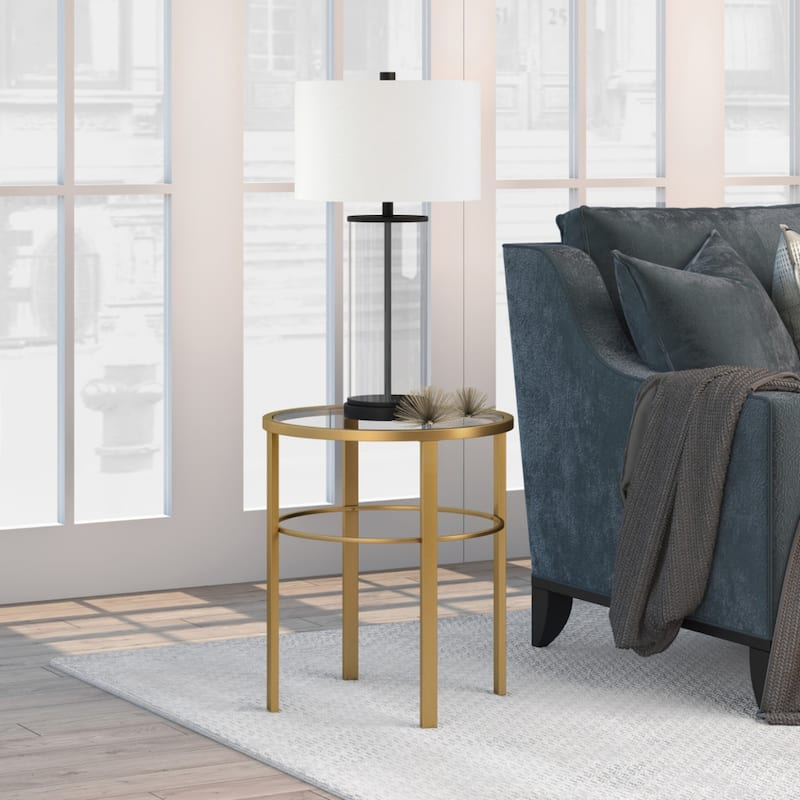 Clear Glass Round End Table with Steel Base 4 Leg Modern Design - 20” x 20” x 22” (D x W x H)