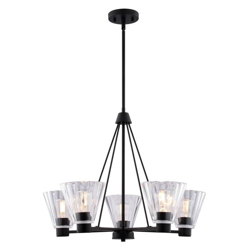 Dalton 5-Light Black Round Chandelier, Clear Glass Shade, Pendant Fixture r Dining Table Kitchen Entryway Bedroom Island