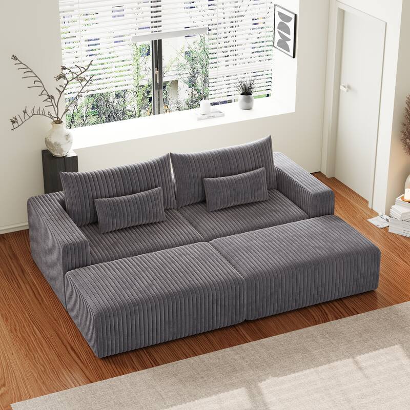 102" Corduroy Lounge Sectional Sofa with 2 Footstools