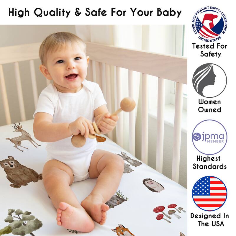 Sweet Jojo Designs Woodland Forest Animals Boy, Girl, Unisex/Gender Neutral 3 Pack Fitted Crib Sheets - Solid Green, Mushrooms